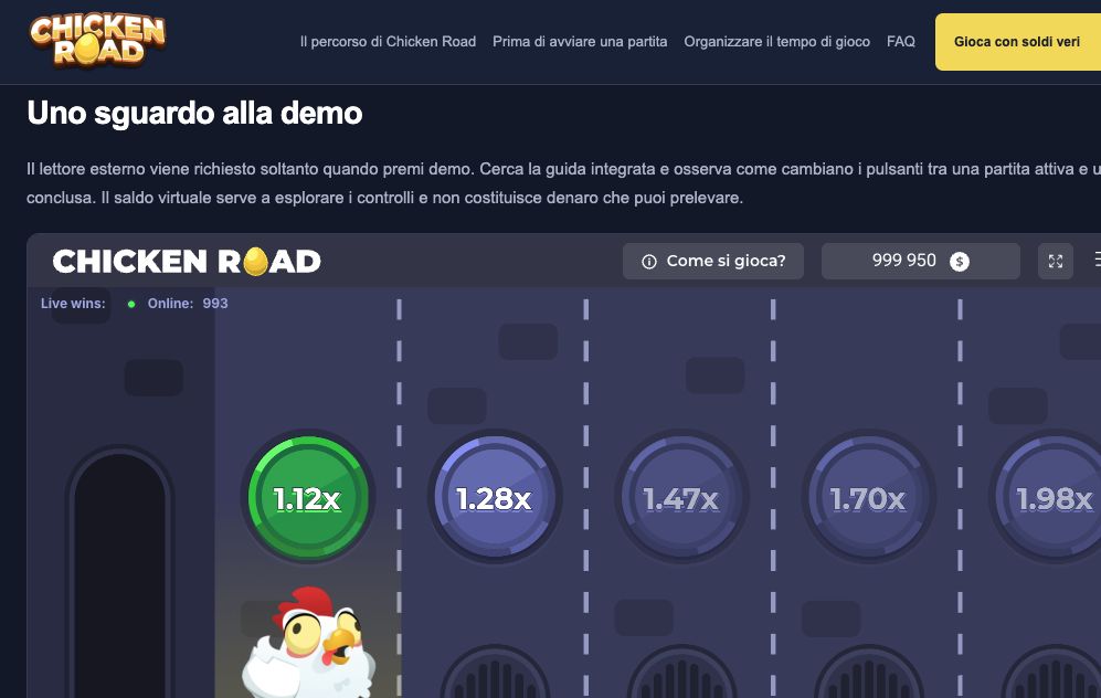 Demo Chicken Road durante un round: istruzioni e saldo in alto, puntata e difficoltà in basso, INCASSA e VIA a destra